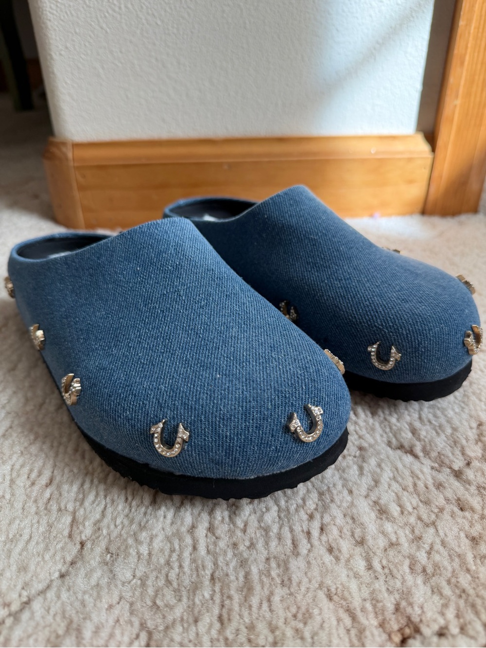 True Religion Blue Denim Slip-On Mules with Horseshoe Studs NWT 6
